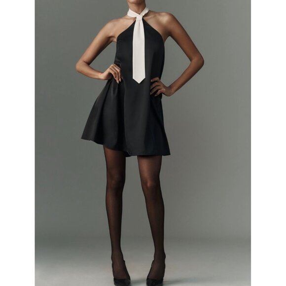 Anthropologie Flat White Satin Tie Halter Mini Dress Black Size M - Picture 3 of 6
